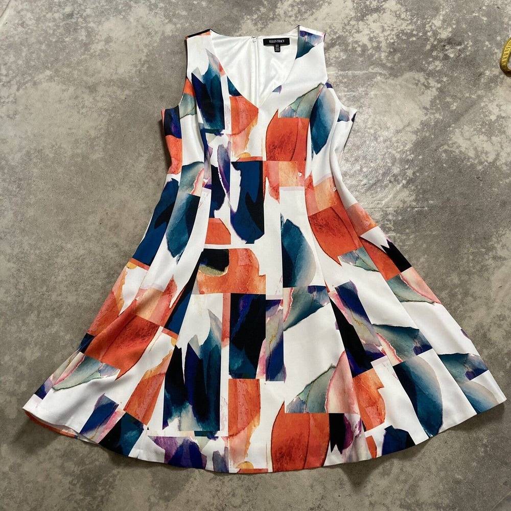 Ellen Tracy Abstract Print Cocktail Dress Multicolor Sleeveless Women Size 10